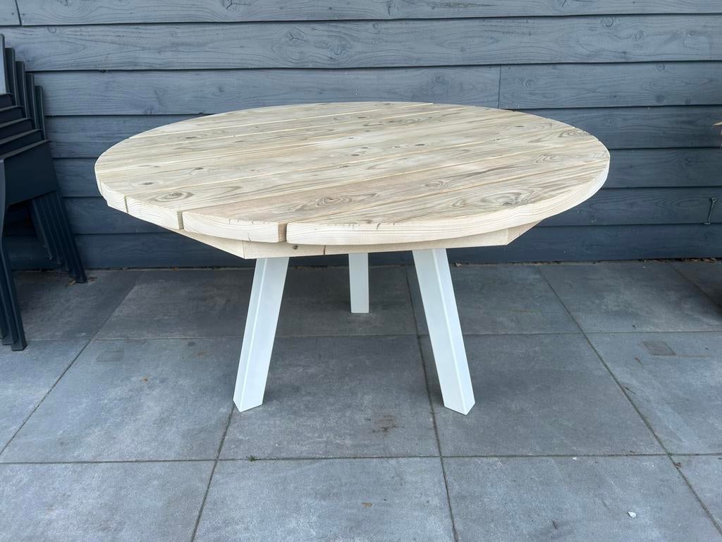 Ronde houten tuintafel stalen poten / eettafel robuust NIEUW, Ophalen, Nieuw, Rond, Hout