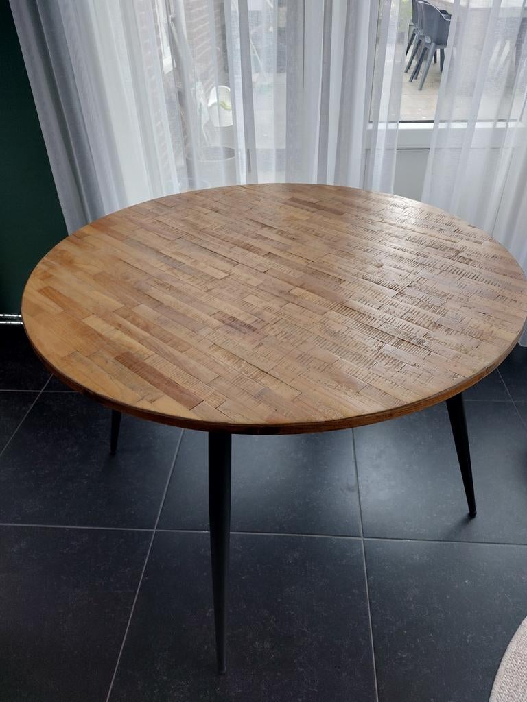 Ronde Eetkamertafel Hout met Metalen Poten, Huis en Inrichting, Tafels | Eettafels, Rond, Zo goed als nieuw, Vier personen, Ophalen