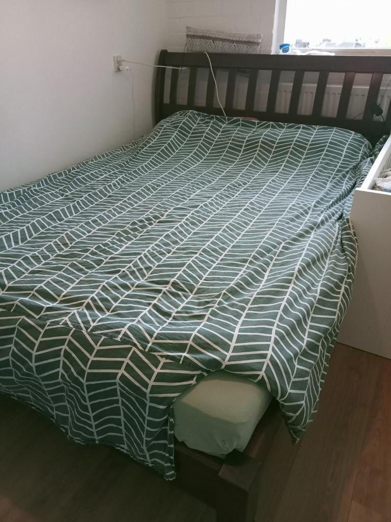 Tweepersoonsbed met houten frame, Ophalen, Bruin, Tweepersoons, 140 cm