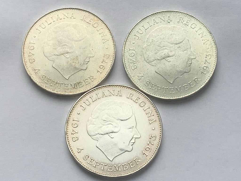 3 zilveren tientjes juliana 1973, Postzegels en Munten, Munten | Nederland, Ophalen of Verzenden, Koningin Juliana, 10 gulden