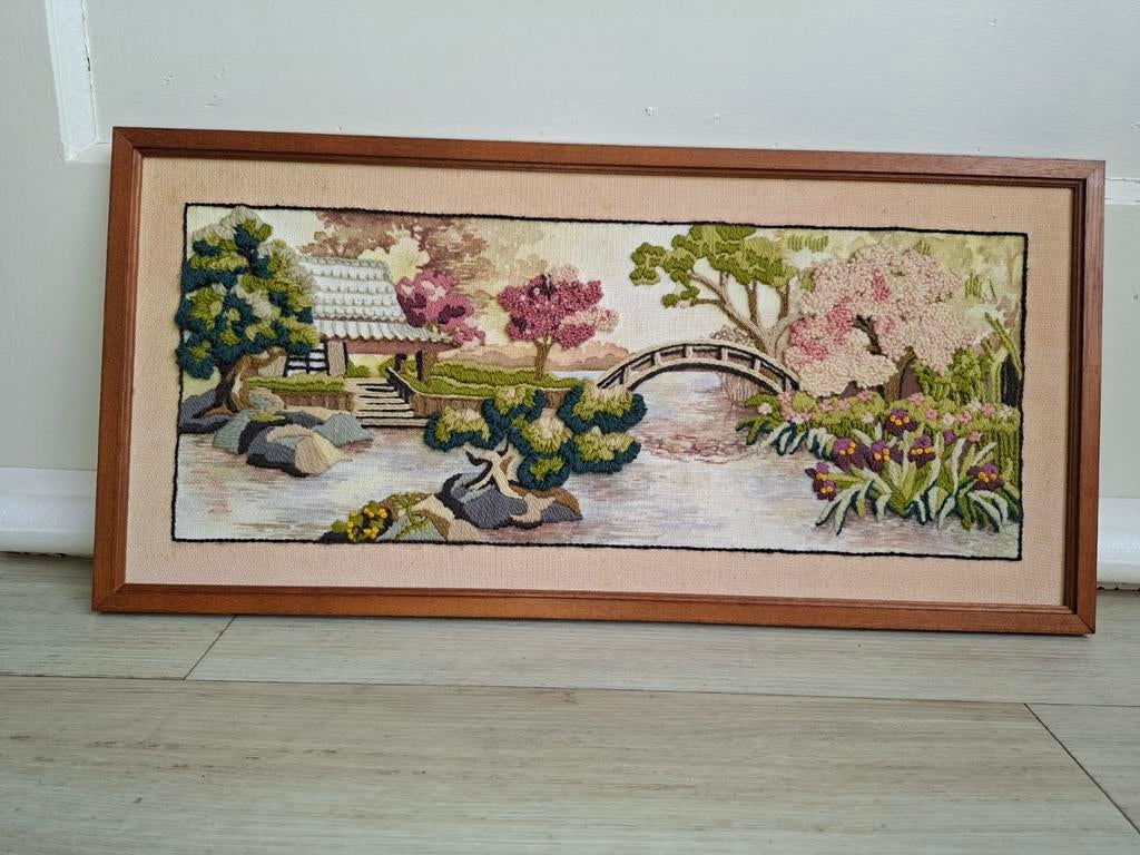 Vintage Geborduurd Japans Landschap Schilderij, Ophalen of Verzenden, Gebruikt, Handborduren, Overige typen