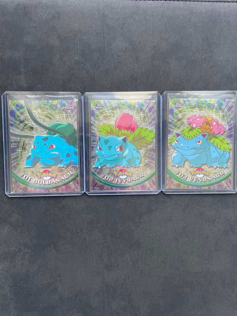 Pokémon Topps Chrome Bulbasaur, Ivysaur, Venusaur Set, Ophalen of Verzenden, Zo goed als nieuw, Meerdere kaarten, Foil