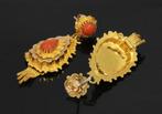 Bloedkoraal antiek set 14k goud filigrain baardjes oorbellen, Verzenden, Goud, Oorbellen, Met edelsteen
