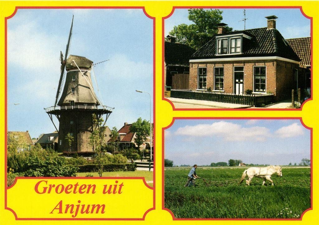 Groeten uit Anjum - 3 afb o.a. molen ploeg - ongelopen, Verzamelen, Ophalen of Verzenden, Voor 1920, Ongelopen, Noord-Brabant