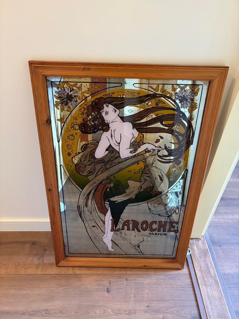 Art Nouveau spiegel met 'Laroche Parfum' afbeelding, Antiek en Kunst, Antiek | Spiegels, Ophalen, Rechthoekig, 50 tot 100 cm, Minder dan 100 cm