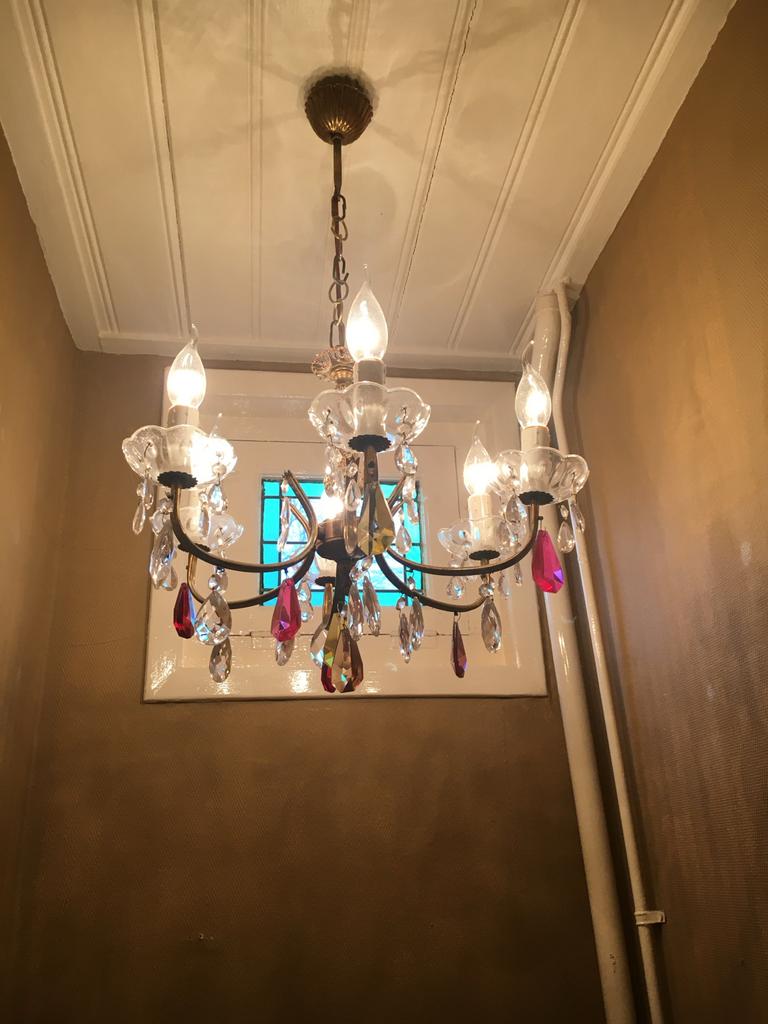 Kroonluchter met gekleurde hangers, Ophalen, Gebruikt, Glas