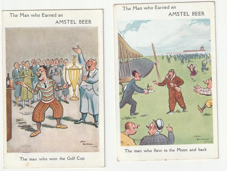 Amstel bier Henry Bateman 2 ansichtkaarten 1934 Amstel Beer, Verzamelen, Biermerken, Gebruikt, Overige typen, Amstel, Verzenden