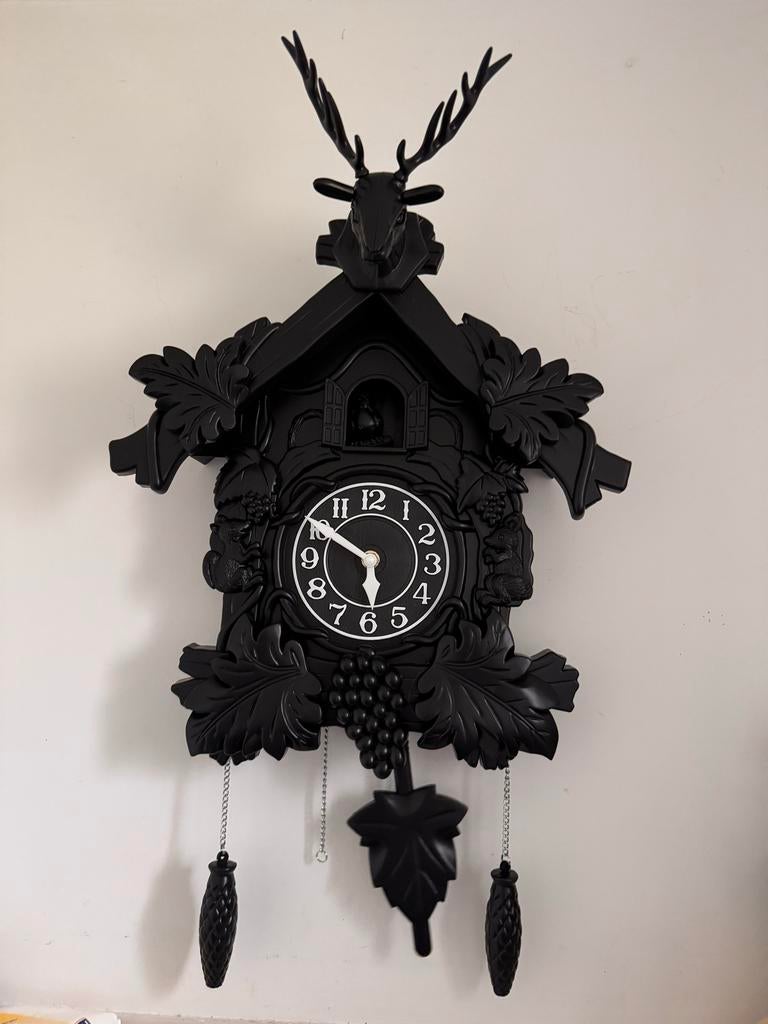 Zwarte Koekoeksklok met Hertenkop - modern, Ophalen of Verzenden, Zo goed als nieuw, Wandklok