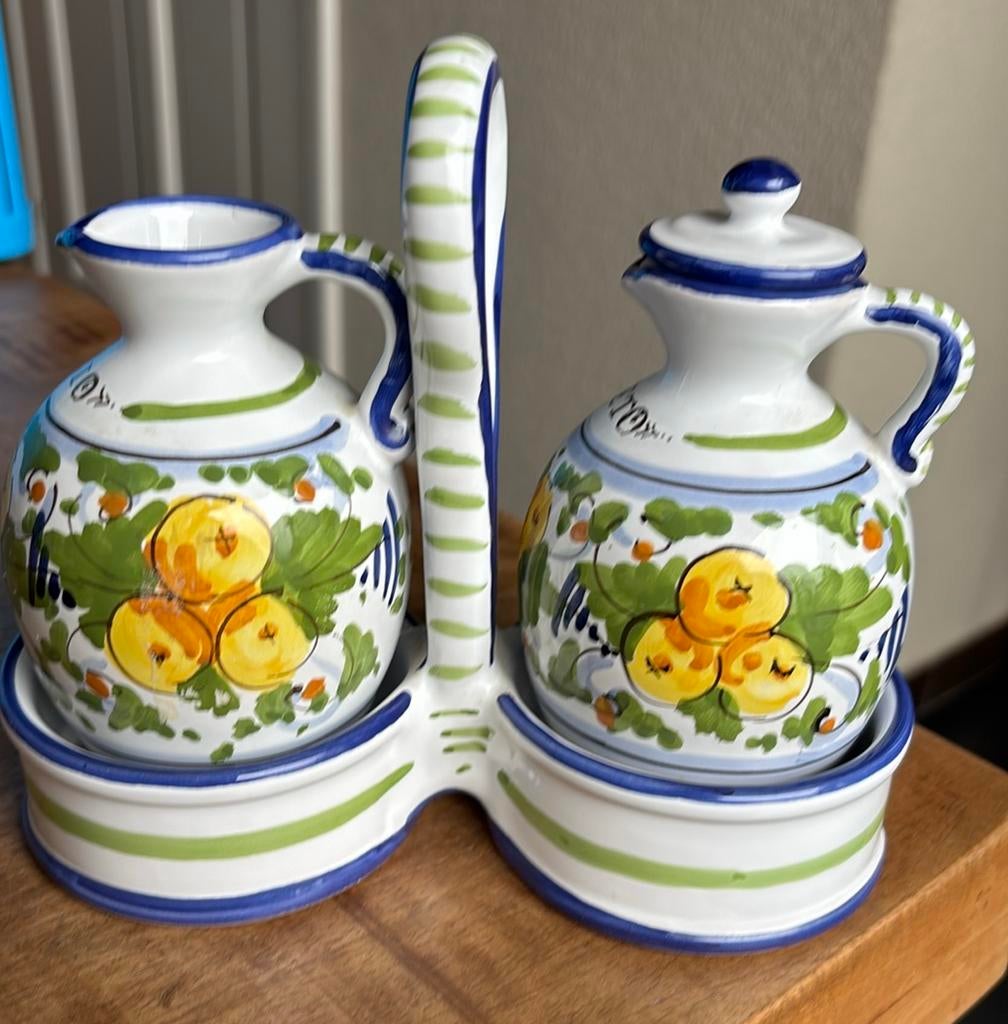 Olie en azijnstelletje Maioliche Otello Dolfi, Ophalen of Verzenden, Zo goed als nieuw, Glas, Overige stijlen