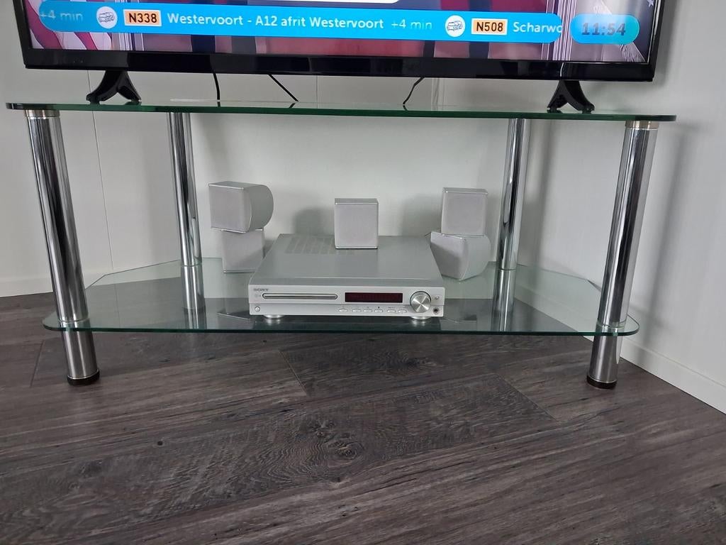 Glazen tv meubel met rvs poten, Ophalen, 200 cm of meer, Glas, Zo goed als nieuw