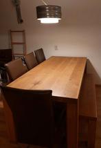 Eikenhouten eettafel met 4 stoelen en houten bank, Ophalen, Gebruikt, Eikenhout, 50 tot 100 cm