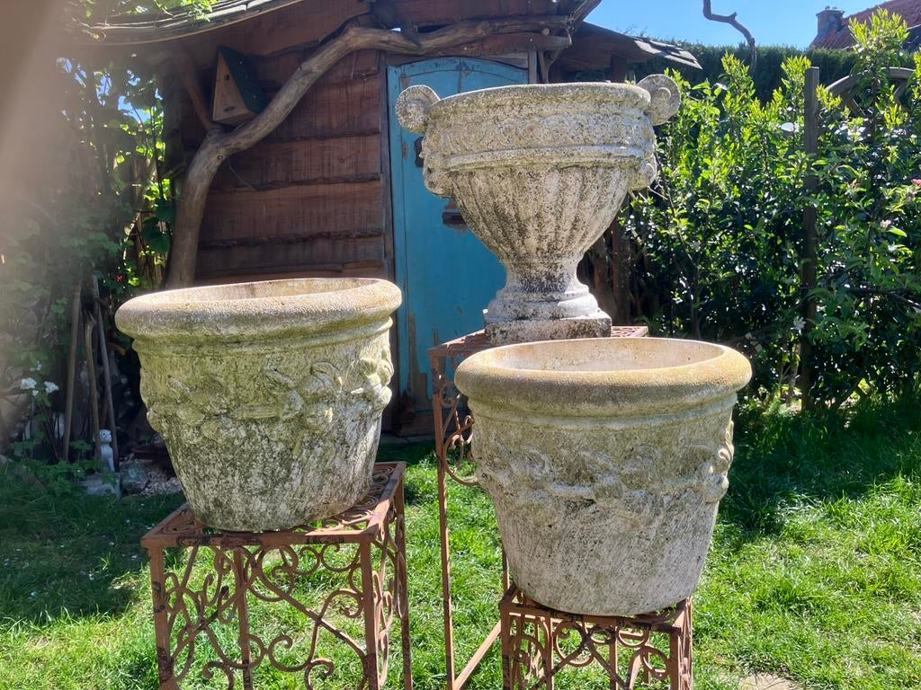 Oude betonvaas en 2 bloempotten beton, Tuin en Terras, Tuinvazen, Ophalen, Gebruikt