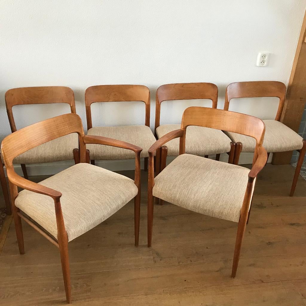 6 N.O. Moller Deens 75  56 stoel stoelen chair chairs, Gebruikt, Bruin, Ophalen of Verzenden, Nvt