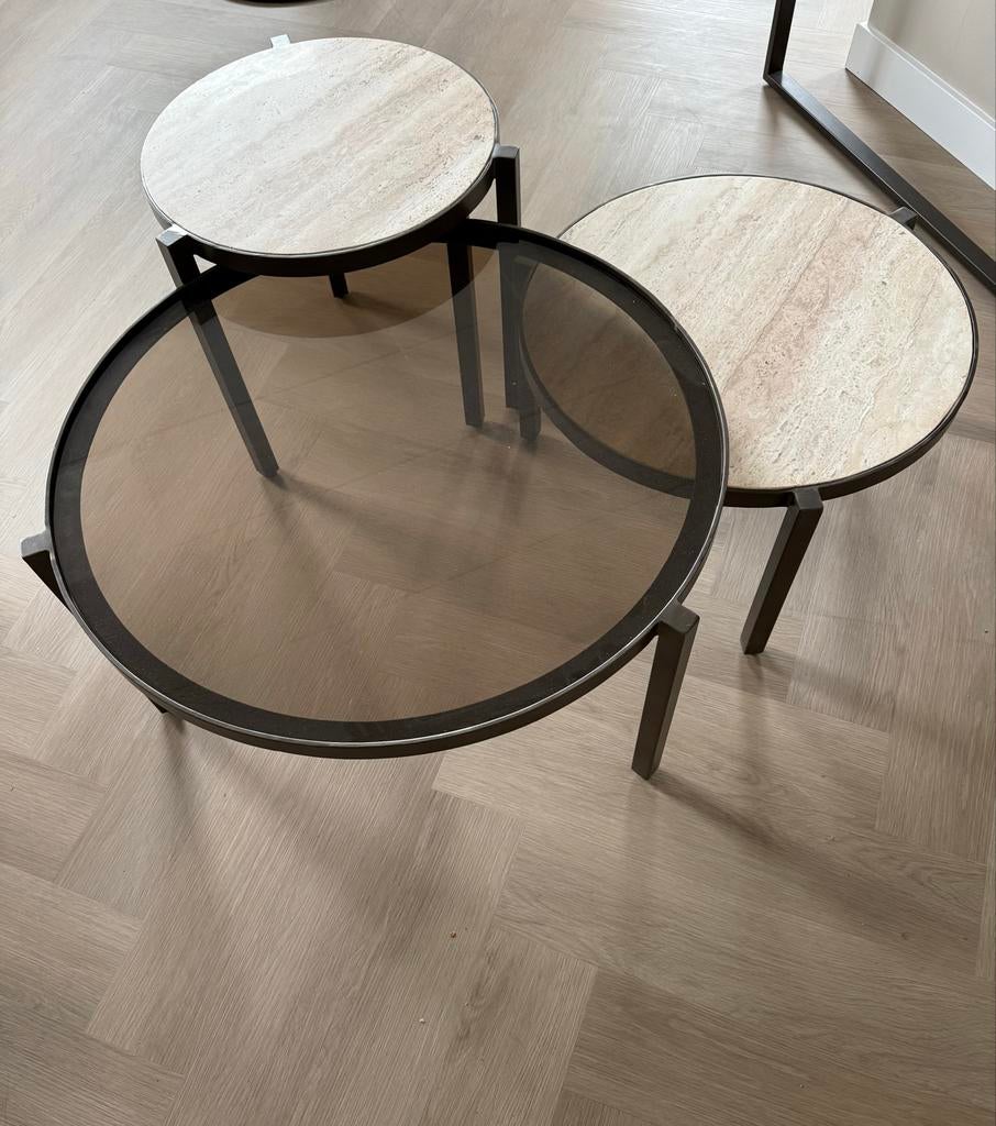 Driedelige salontafel set van travertin en metaal, Ophalen, Rond, 50 tot 100 cm, Zo goed als nieuw