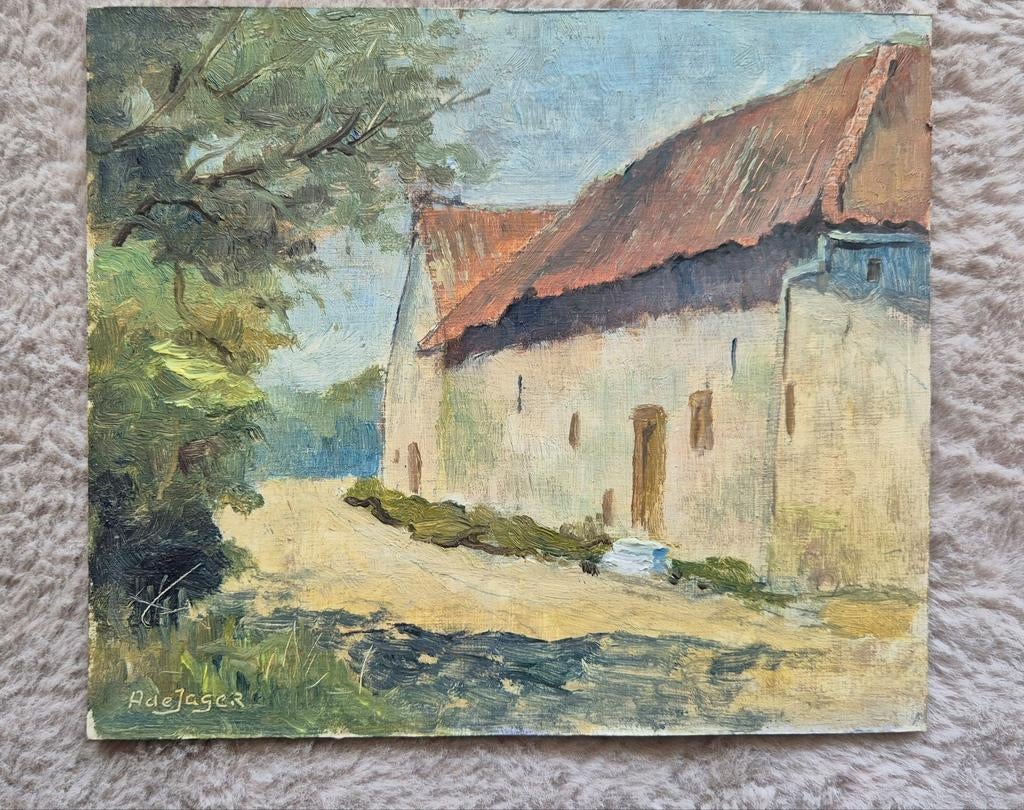 Sfeervol Olieverfschilderij "Boerderijgezicht" Arie de Jager, Ophalen of Verzenden