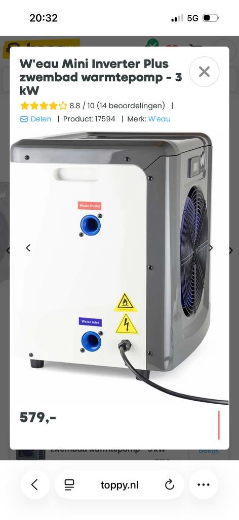 W'eau Mini Inverter Plus zwembad warmtepomp - 3 kW, Ophalen, Gebruikt, Verwarming