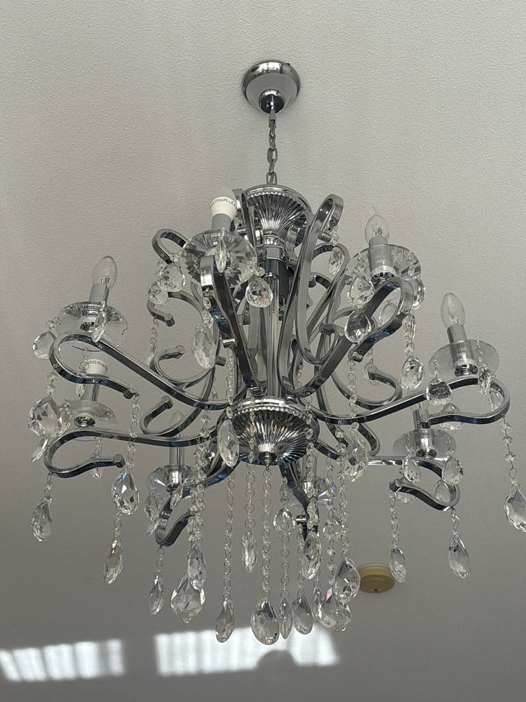 Moderne Kroonluchter met Kristallen - Chroom Afwerking, Ophalen, Zo goed als nieuw, Glas