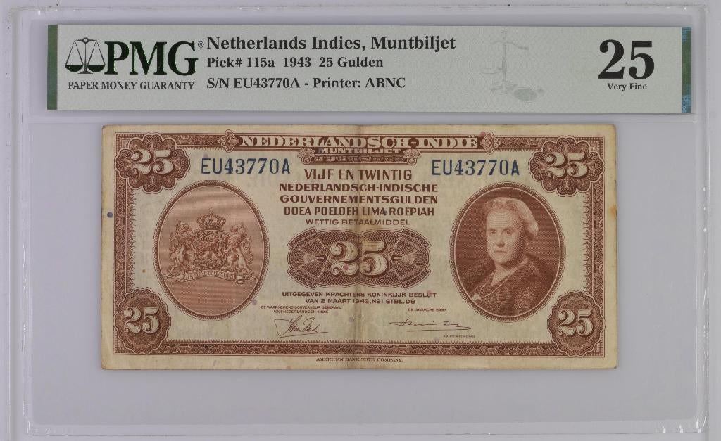 Biljet 25 gulden muntbiljet 1943, Nederlands-Indië, Postzegels en Munten, Bankbiljetten | Nederland, Ophalen of Verzenden, 25 gulden
