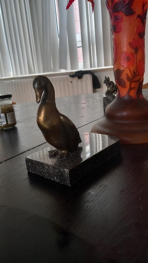 Art Deco Bronzen Gans op Marmeren Sokkel, Ophalen of Verzenden