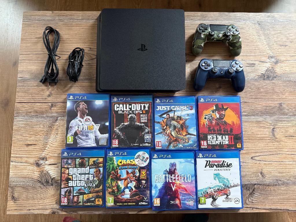 Playstation 4 Slim + 2 Controllers + 8 Games, Spelcomputers en Games, Ophalen of Verzenden, Zo goed als nieuw, Met 2 controllers