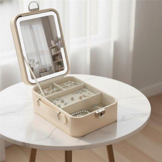 Sieradendoos – Wit – Met LED Spiegel – Dimbaar & Oplaadbaar, Sieraden, Tassen en Uiterlijk, Beautycases, Zo goed als nieuw, Hardcase