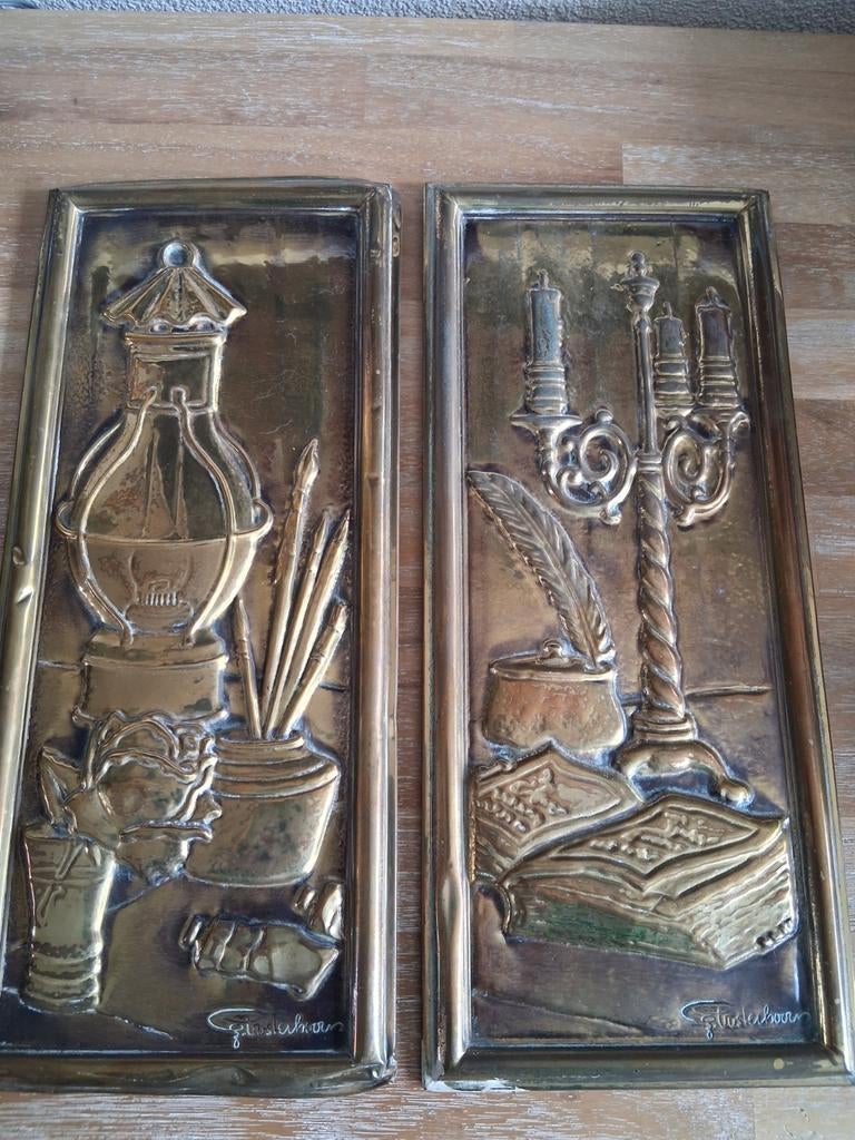Koperen vintage plaquettes gesigneerd, samen 25€, Antiek en Kunst, Ophalen of Verzenden