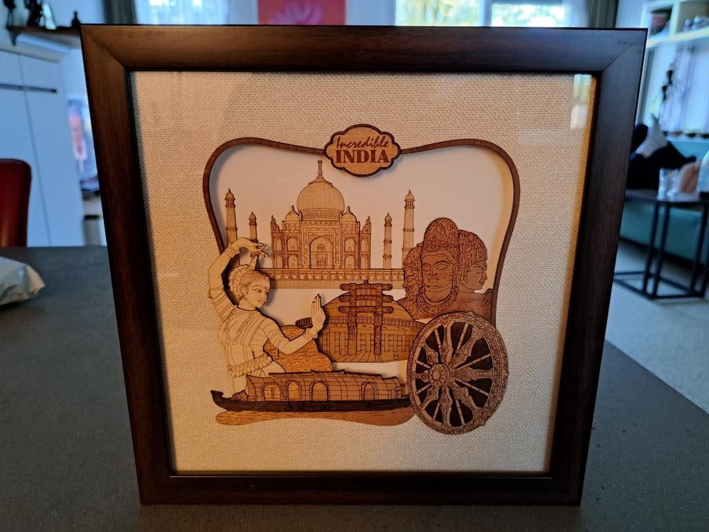 Indiaas houten handwerk schilderijtje, Minder dan 50 cm, Gebruikt, Ophalen of Verzenden, Schilderij