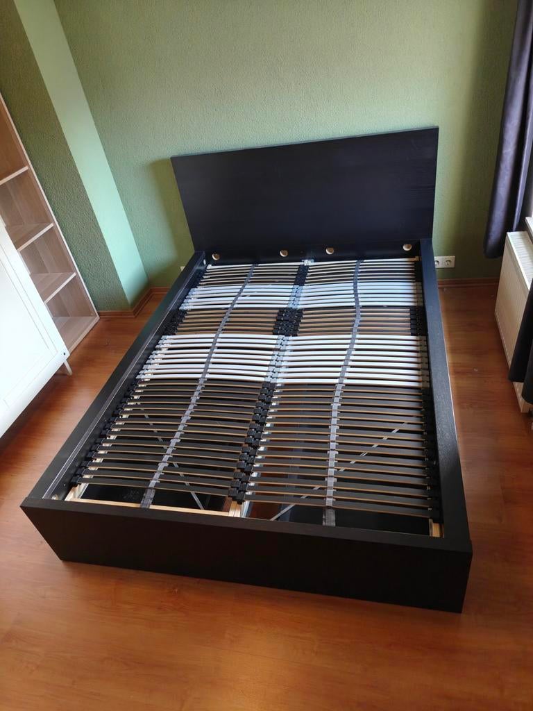 IKEA MALM bed zwart 140x200 - 4 lades-LEIRSUND lattenbodems, Ophalen, Gebruikt, Zwart, Tweepersoons