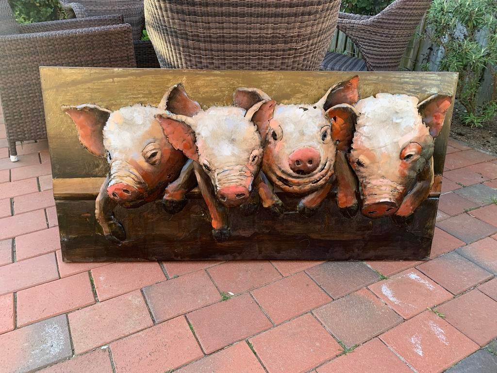 Uniek Stalen Schilderij: Varkens + certificaat van echtheid, Antiek en Kunst, Ophalen