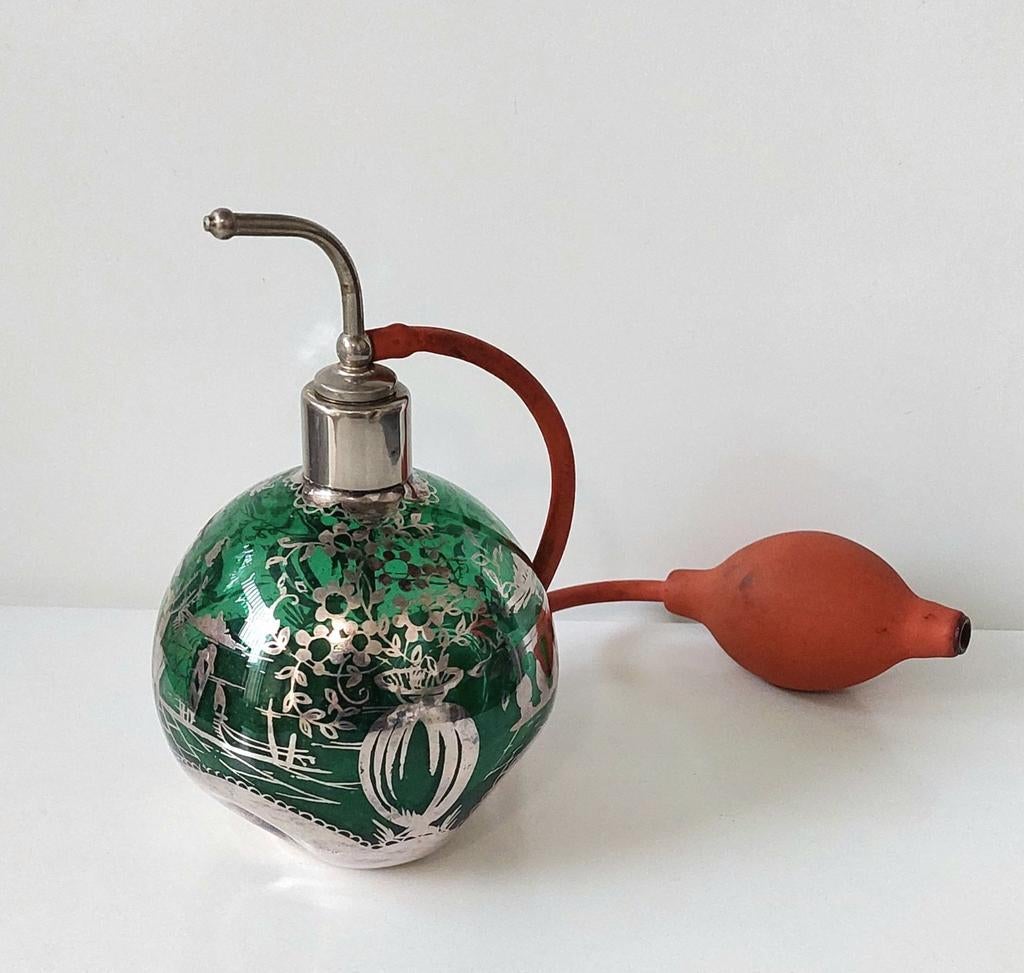 Oude Glazen Verstuiver met Silver Overlay, Verzenden, Gebruikt, Parfumfles