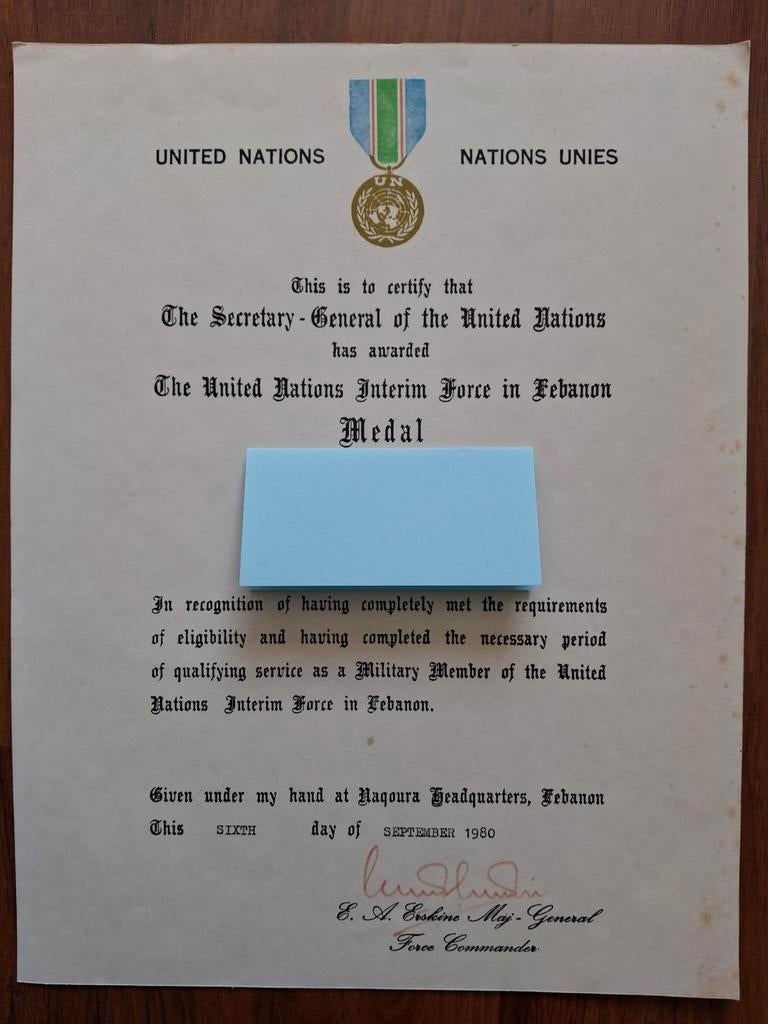 Origineel certificaat VN medaille UNIFIL Libanon 1980, Ophalen of Verzenden, Landmacht, Nederland, Lintje, Medaille of Wings