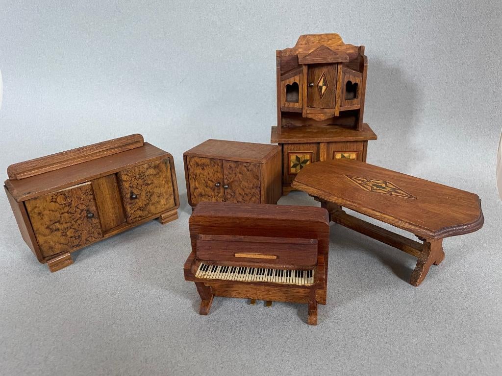 Lotje van vijf massief houten poppenhuismeubeltjes jaren '30, Antiek en Kunst, Curiosa en Brocante, Ophalen of Verzenden