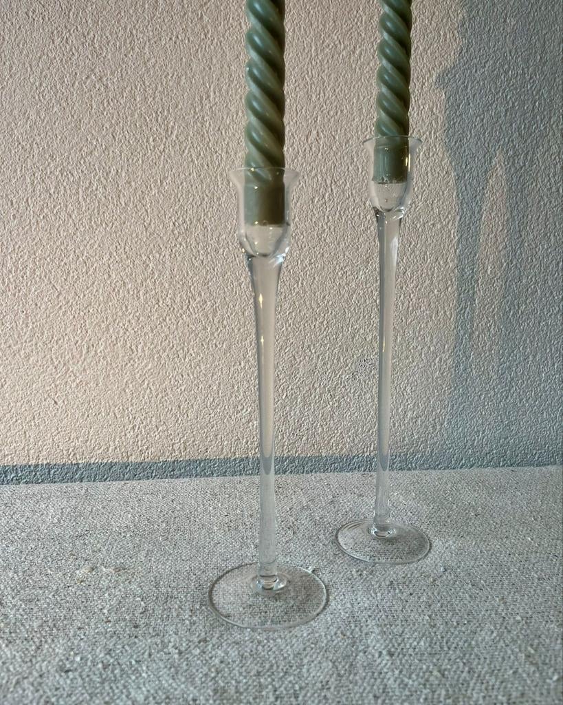 2 elegante glazen kandelaars dinerparty, Ophalen of Verzenden, Zo goed als nieuw, X, X