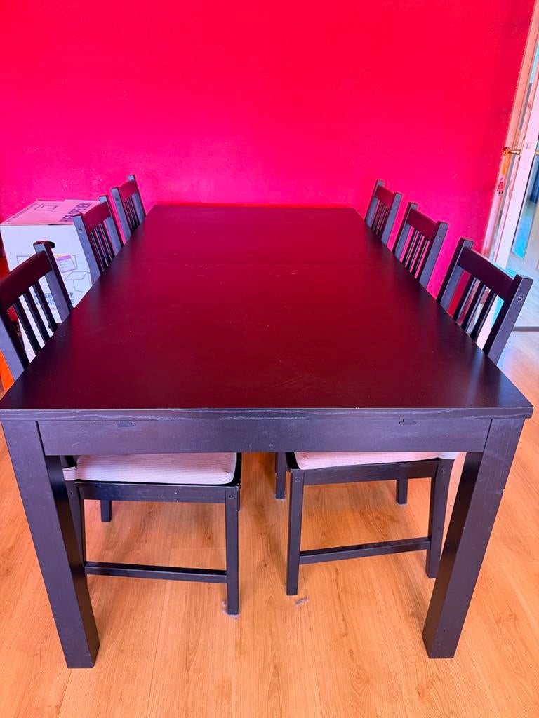 Uitschuifbare eettafel met 6 stoelen en kussens, Ophalen, 50 tot 100 cm, Zo goed als nieuw, Vijf personen of meer