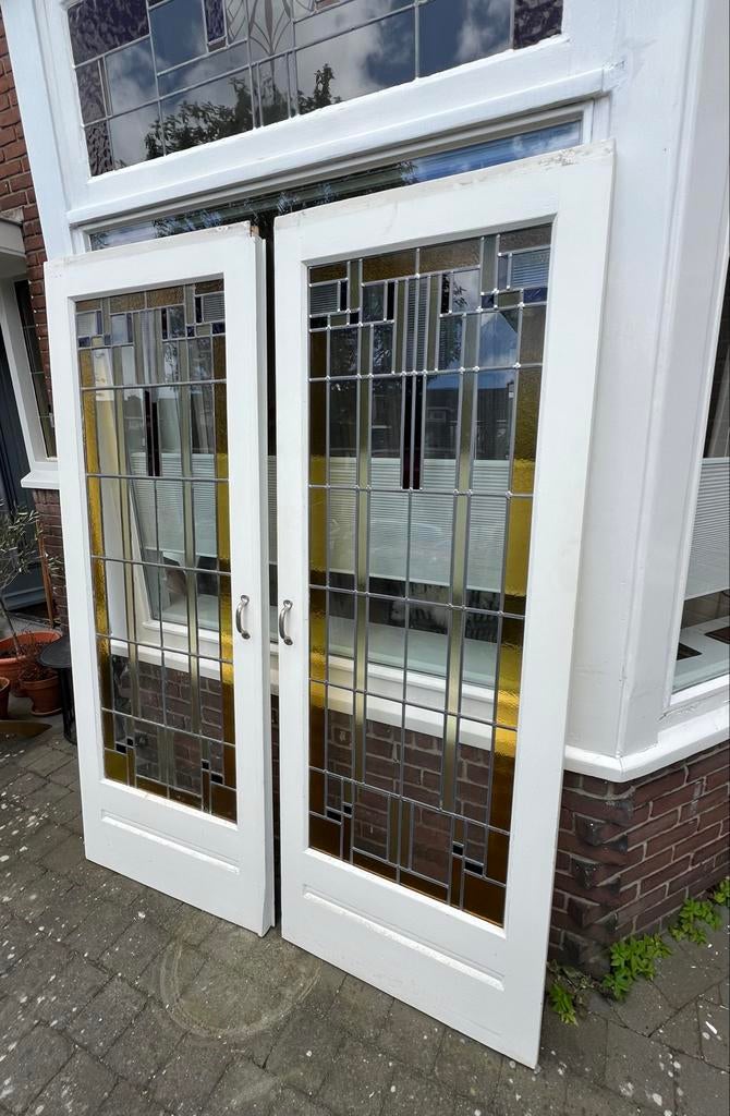 Jaren '30 glas-in-lood en suite schuifdeuren, Doe-het-zelf en Verbouw, Deuren en Horren, Gebruikt, Binnendeur, Glas, Schuifdeur