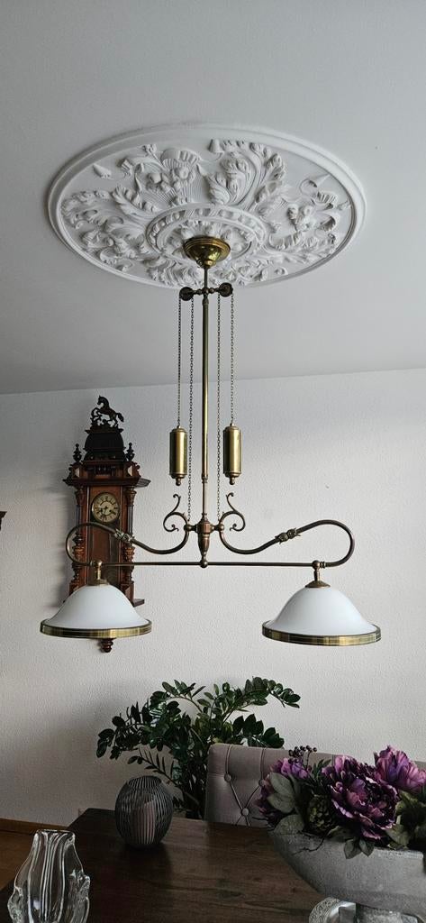 Klassieke biljartlamp met twee kappen, Ophalen, Zo goed als nieuw, Glas, Klassiek, Antiek