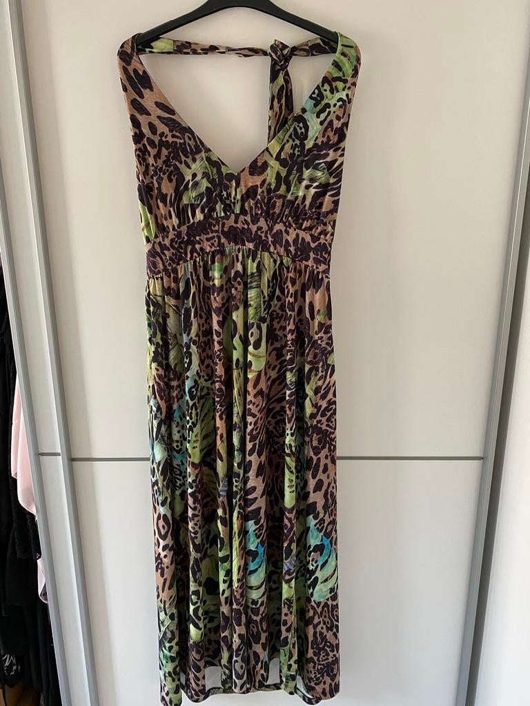 Groen panter print halter jurkje, Maat 42/44 (L), Ophalen of Verzenden, Zo goed als nieuw, Onder de knie