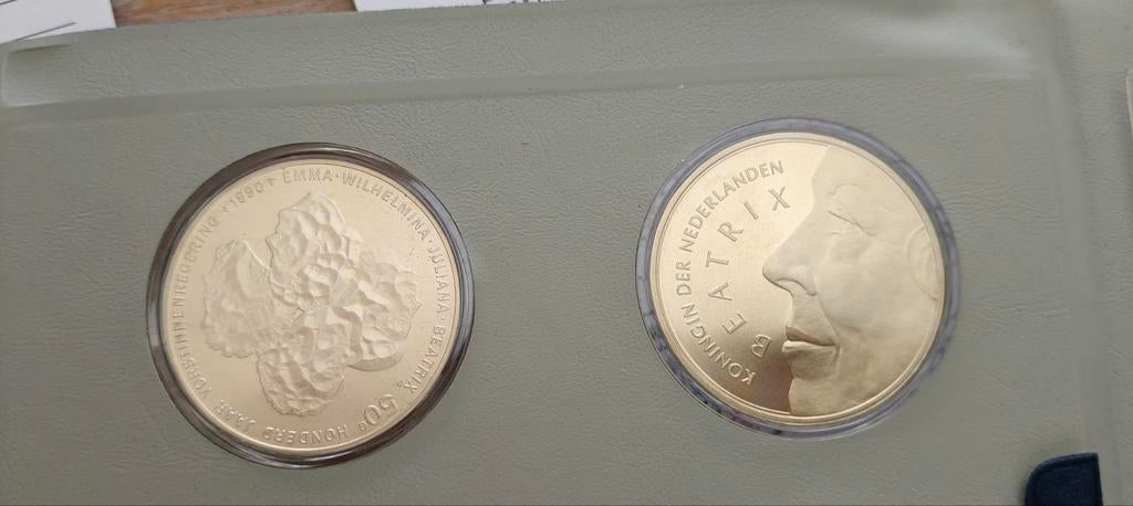 Twee zilveren munten (proof)50 gulden 1990 en 1991, Postzegels en Munten, Munten | Nederland, Ophalen, Koningin Beatrix, 50 gulden