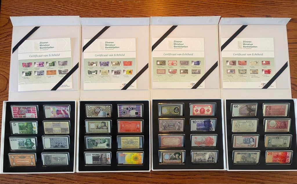 4 sets zilveren miniatuur bankbiljetten Nederland. Zilver, Ophalen, Setje