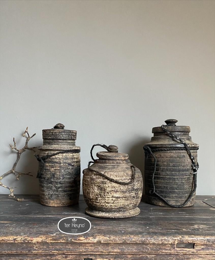 Oude houten kruik pot met deksel hout stoer sober landelijk, Verzenden, Nieuw