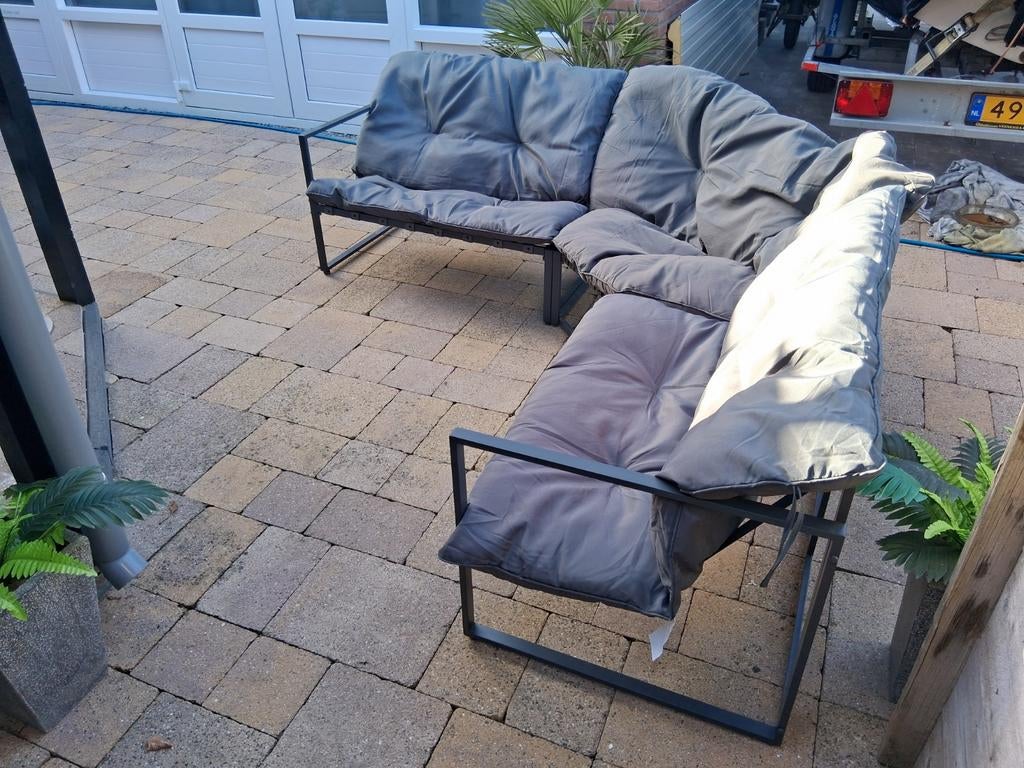 Tuinbank met ronde hoek en vlekvrije kussens (2.10m), Ophalen, Zo goed als nieuw, Aluminium