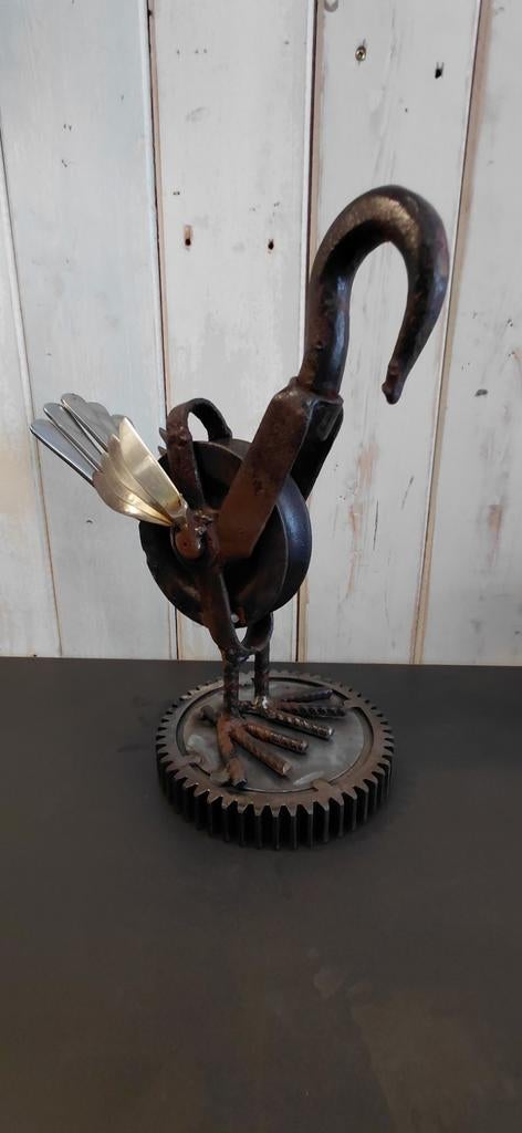 Metalen vogel van oud katrol - upcycling - metal art, Ophalen of Verzenden, Metaal