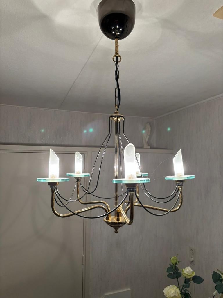 Glas met messing kroonluchter, Huis en Inrichting, Lampen | Kroonluchters, Ophalen, Glas