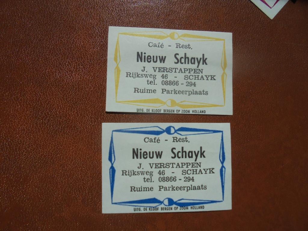 2 oude lucifermerken Café Nieuw Schayk SCHAYK J. Verstappen, Ophalen of Verzenden, Zo goed als nieuw, Luciferdoosjes of -merken