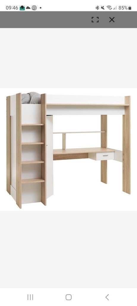 JYSK ULDAL Hoogslaper 90x200 wit/eiken met bureau, Ophalen, Eenpersoons, 90 cm, Hoogslaper