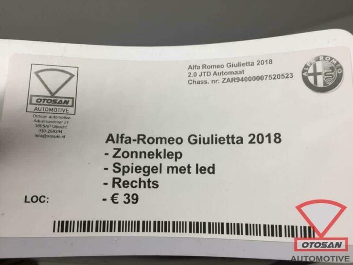 alfa romeo giulietta 2018 zonneklep spiegel met led rechts, Auto-onderdelen, Interieur en Bekleding, Gebruikt, Dpofca@stellantis.com