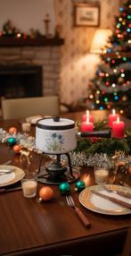 Vintage Fonduepan met Bloemenmotief voor de feestdagen, Ophalen of Verzenden, Zo goed als nieuw, Brander, Fonduepan