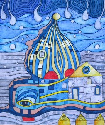 Mooi schilderij van een huis ala Hundertwasser beschikbaar voor biedingen
