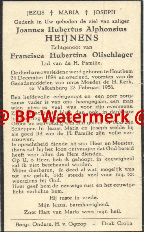 Heijnens Joannes 1894 Houthem 1956 Valkenburg x Olischlager, Verzamelen, Bidprentjes en Rouwkaarten, Bidprentje, Ophalen of Verzenden