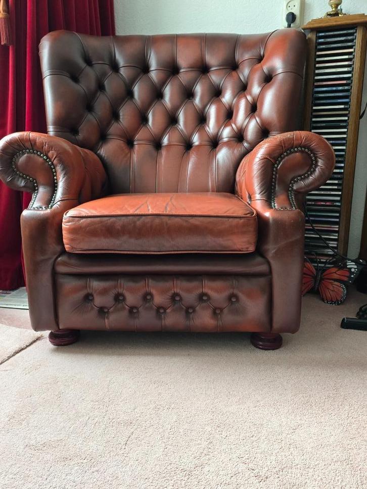 roest bruine fauteuil, Huis en Inrichting, Fauteuils, Gebruikt, Leer, 75 tot 100 cm, Minder dan 75 cm, Ophalen